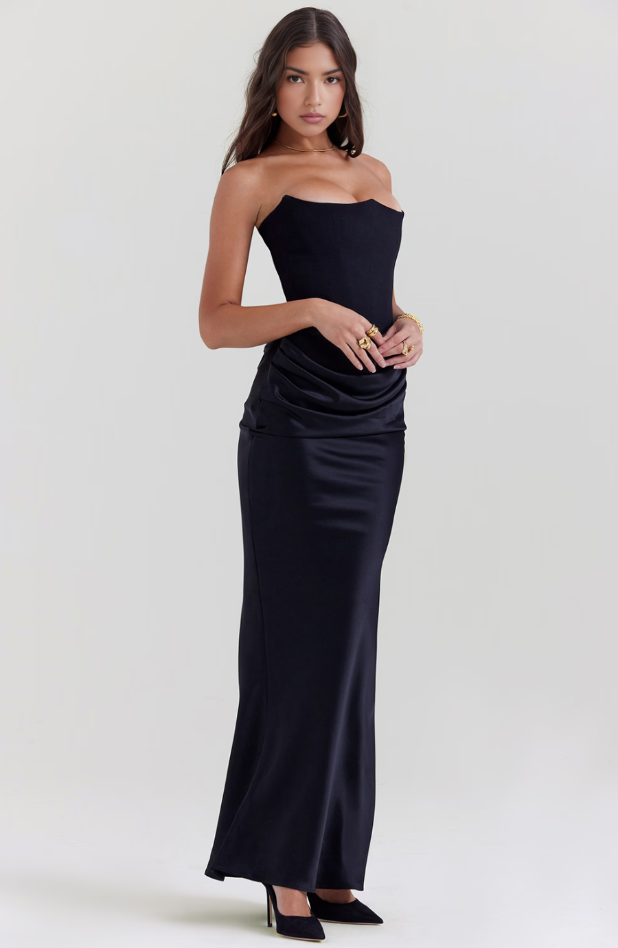 Exquisite women's formal gown, strapless & draped, ideal for homecoming, prom, or as a bridesmaid dress.