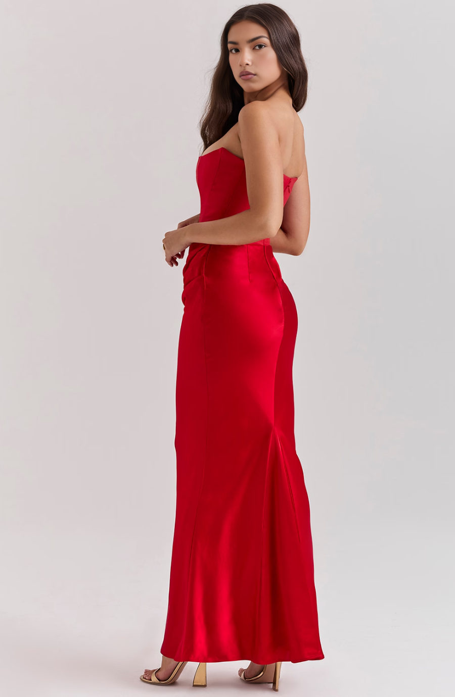 Women's elegant strapless homecoming dress, draped detail & long column cut for a flattering look.