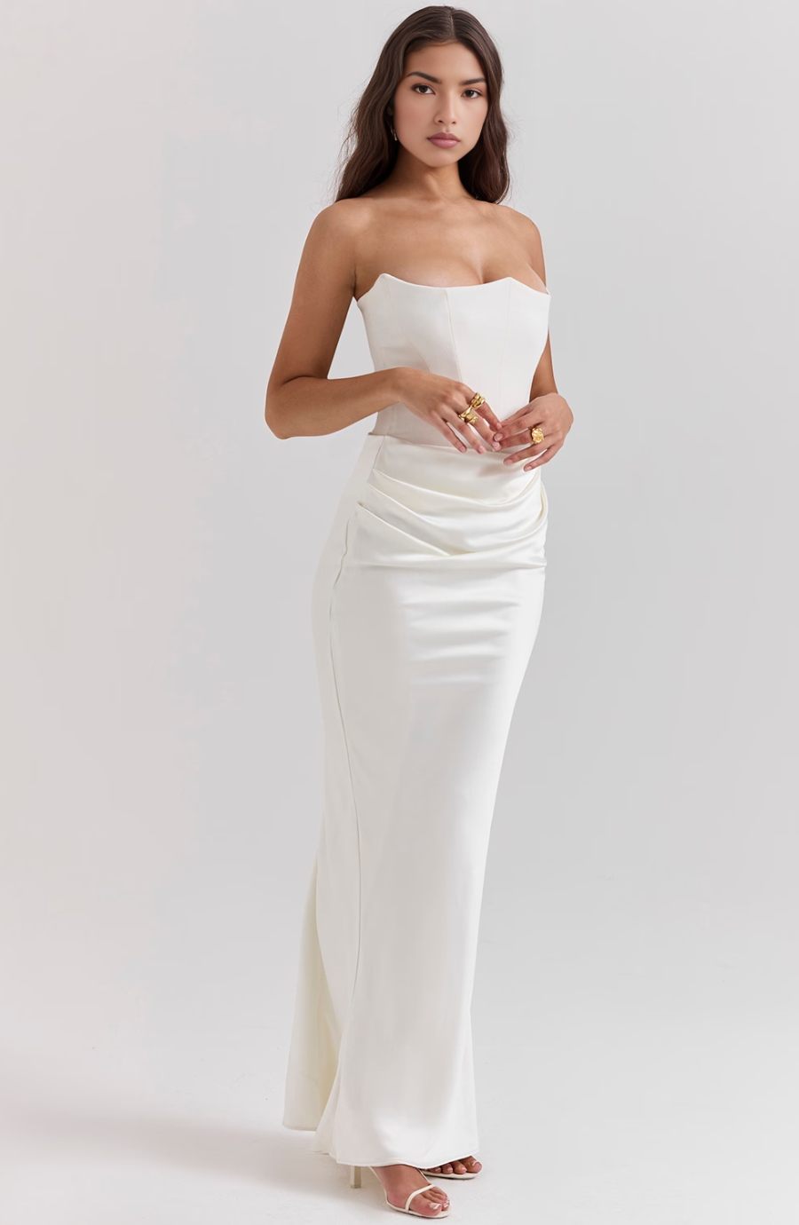 Draped strapless women's long dress, elegant and formal, ideal for homecoming, prom, or any party.