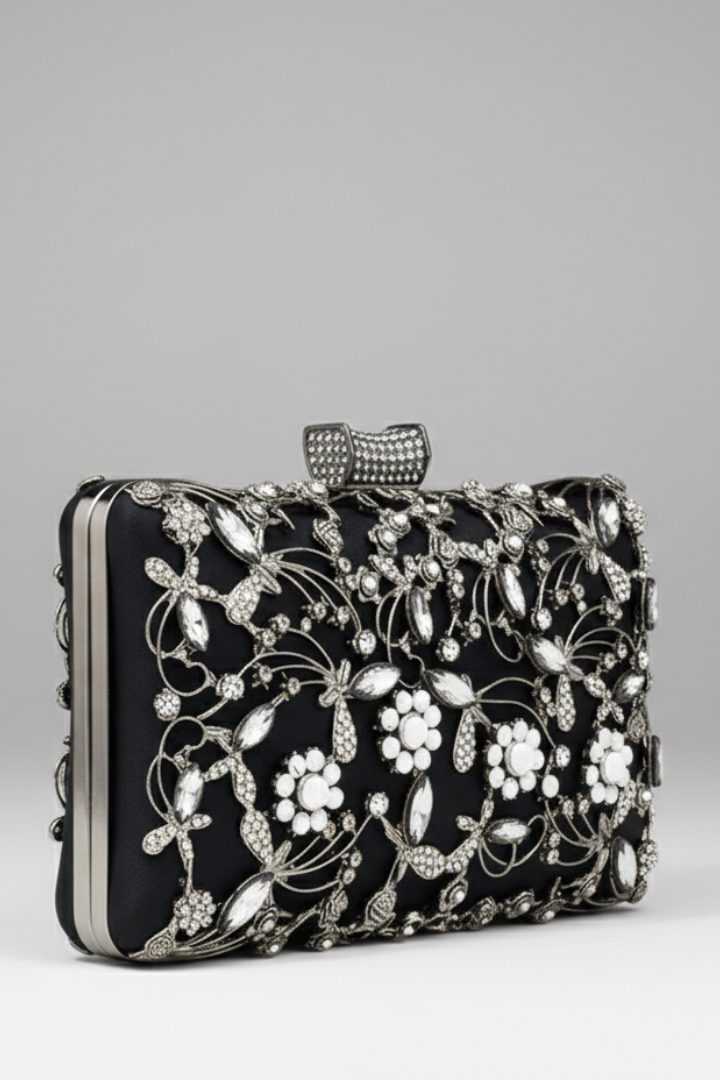 Elegant women's embroidered clutch bag with decorative stones, perfect for evening parties & formal events.