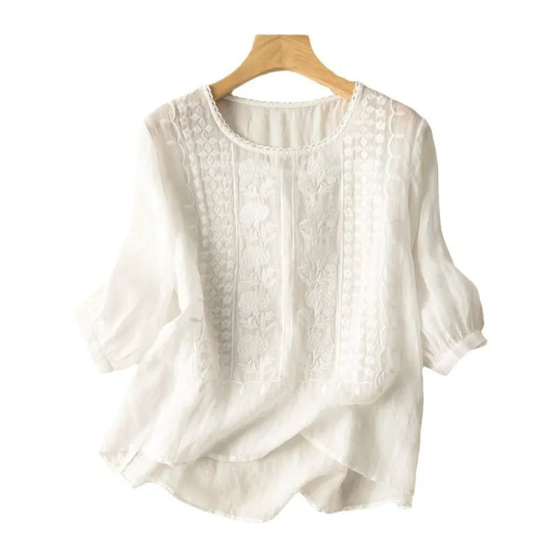 Elegant women's embroidered puff sleeve blouse with floral design, perfect for spring/summer casual or stylish outfits.