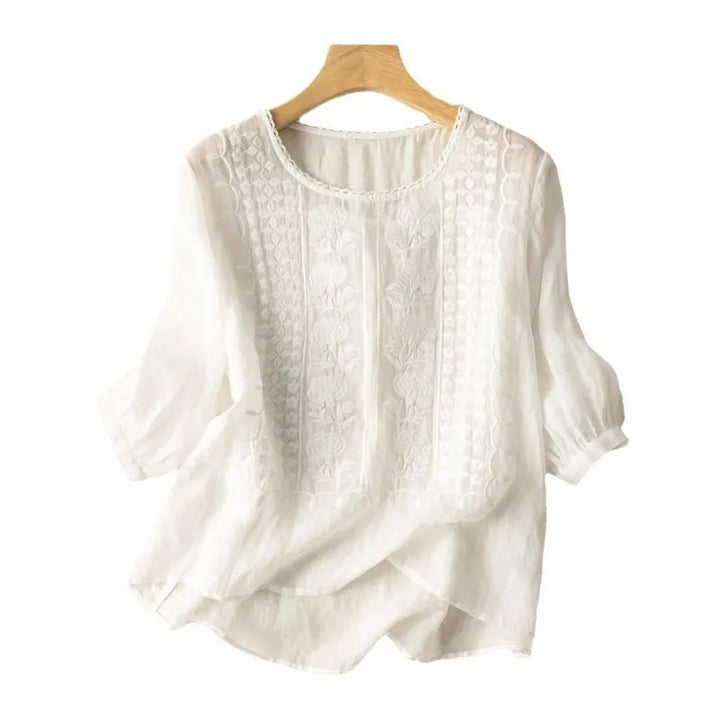 Elegant women's embroidered puff sleeve blouse with floral design, perfect for spring/summer casual or stylish outfits.