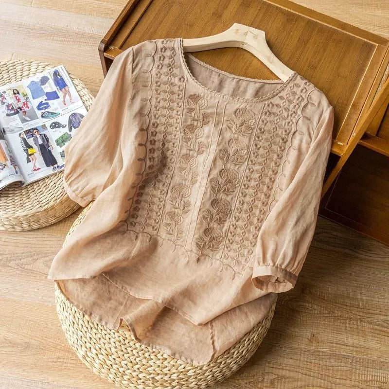 Versatile women's embroidered puff sleeve blouse with floral pattern, perfect for casual or elegant spring looks.