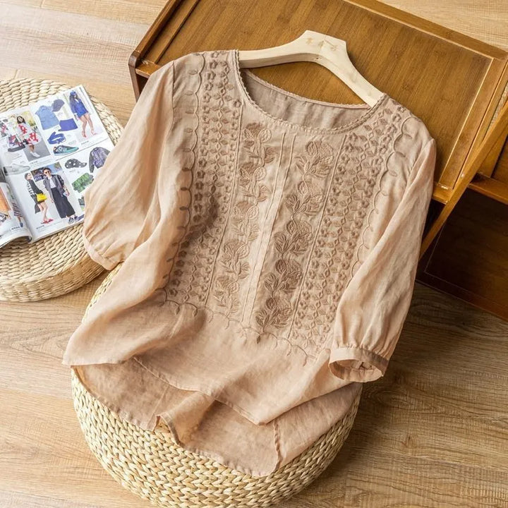 Versatile women's embroidered puff sleeve blouse with floral pattern, perfect for casual or elegant spring looks.