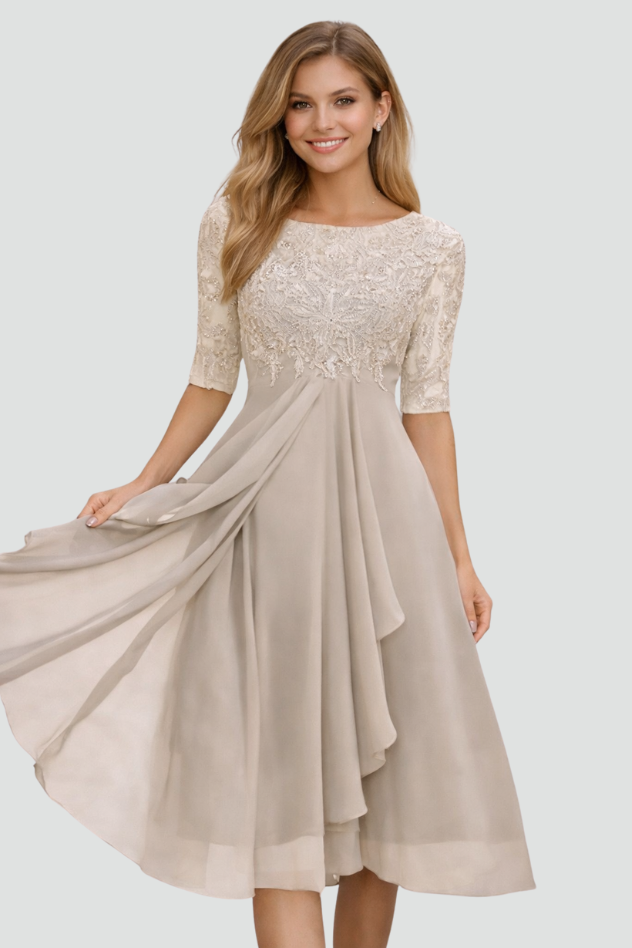 Women's elegant midi evening dress with three-quarter sleeves, ideal for wedding guests & formal parties.