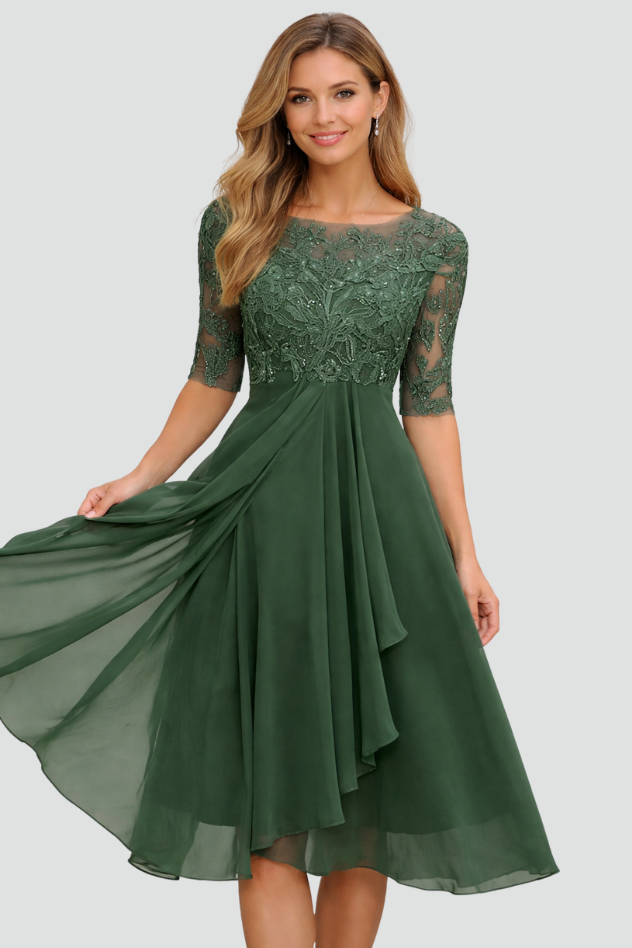 Chic women's formal midi dress for evening events. An elegant cocktail or special occasion party dress.