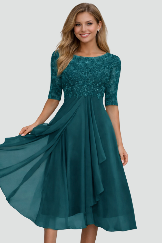 Elegant women's three-quarter sleeve midi dress, a stunning formal evening outfit for special occasion parties.