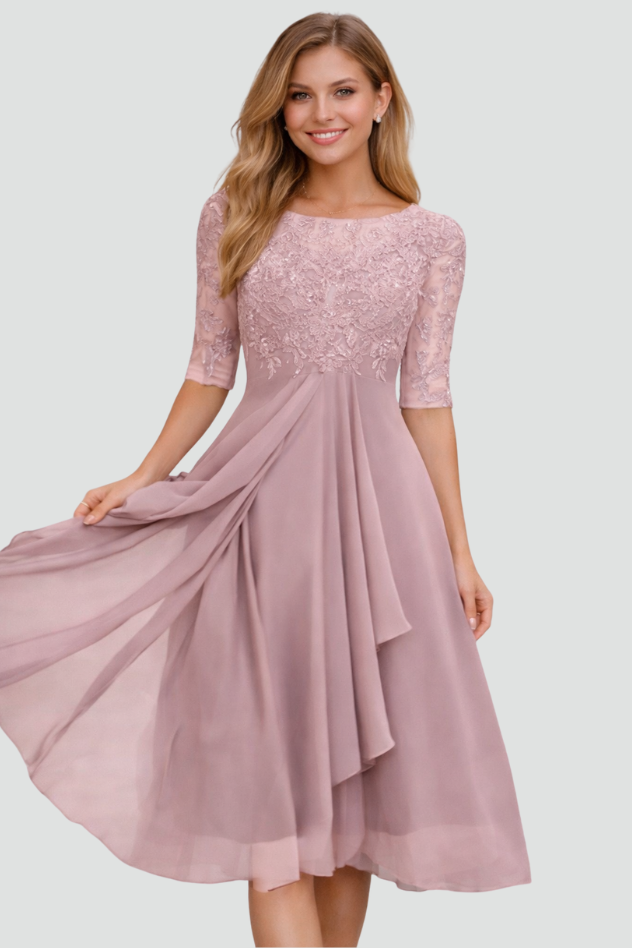 Elegant women's three-quarter sleeve midi dress. Ideal formal evening or wedding guest attire for special occasions.