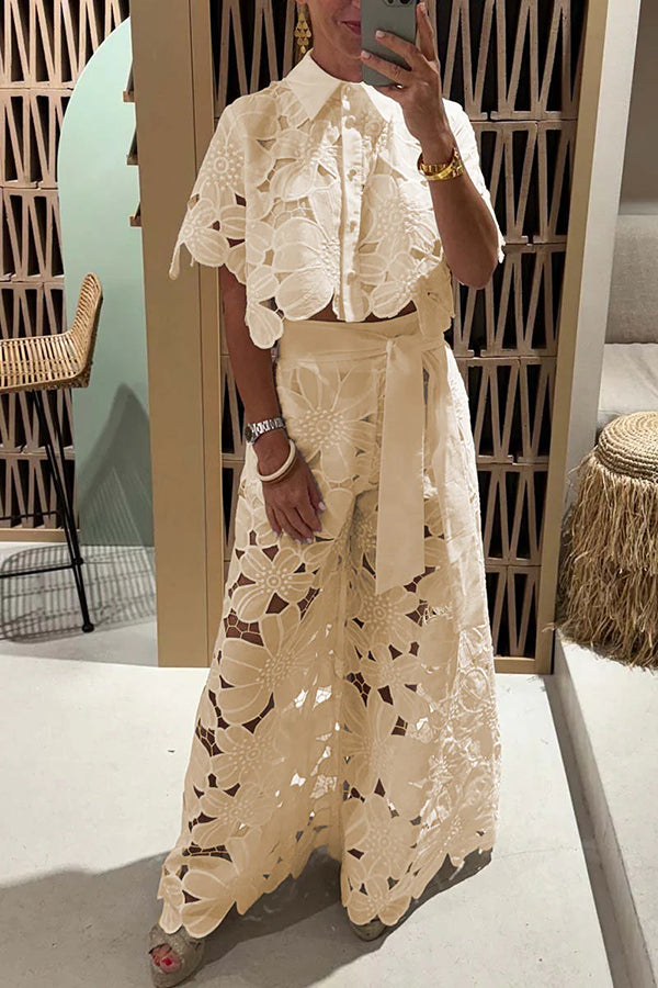 Elegant women's eyelet ruffle sleeve two-piece set. Perfect airy matching outfit for summer brunches & garden parties.