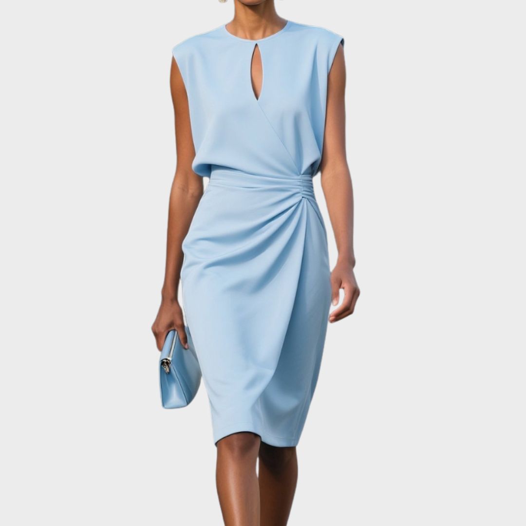 Elegant women's fitted midi dress with side gathers & keyhole neckline. Perfect for work or cocktails.