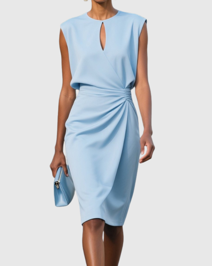Sleeveless women's midi dress, elegantly fitted with side gather detail. Versatile for work or events.