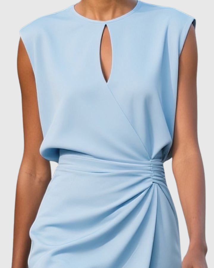 Sophisticated women's fitted midi dress featuring flattering side gathers & a chic keyhole neckline.