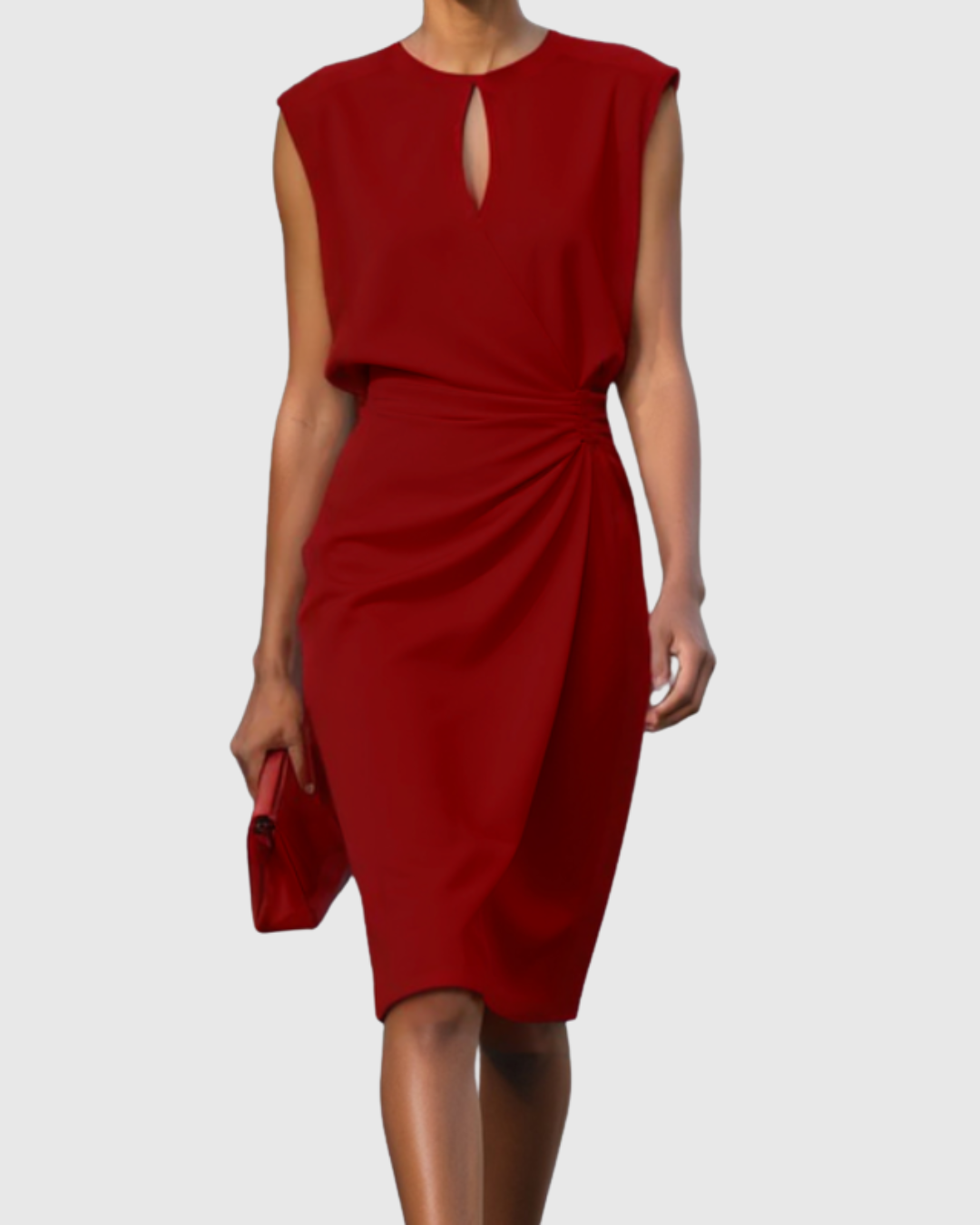 Business casual women's fitted midi dress. Features elegant side gathers and a sleek keyhole neckline.