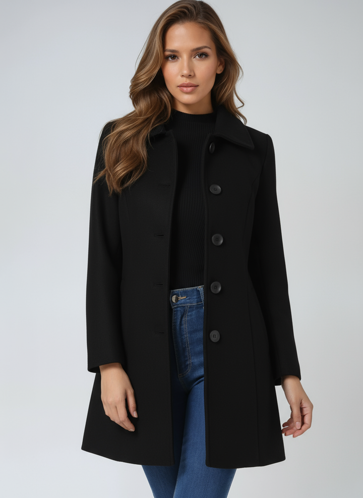 Elegant women's fitted trench coat with button closure, perfect for professional office workwear.