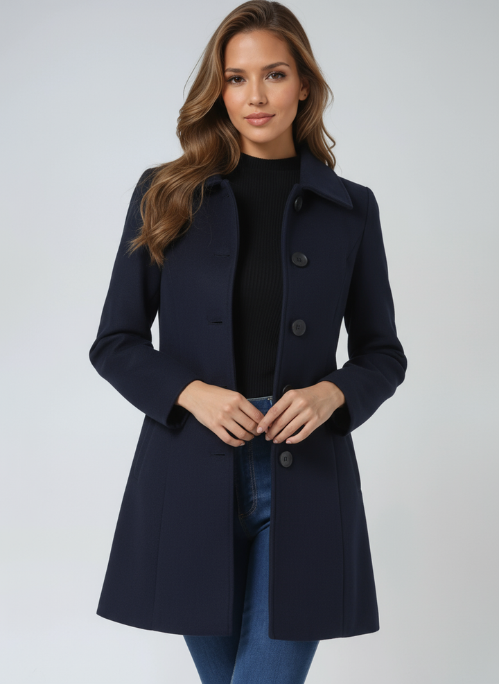 Chic women's fitted trench coat, elegant button closure long outerwear for stylish autumn winter office wear.