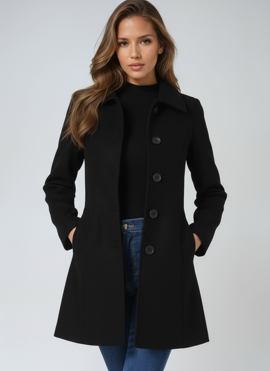 Stylish women's fitted trench coat, ideal long outerwear for chic autumn & winter fashion.