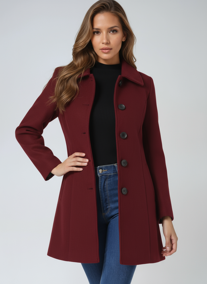 Smart women's fitted trench coat, a stylish button-up long coat suitable for office & professional look.
