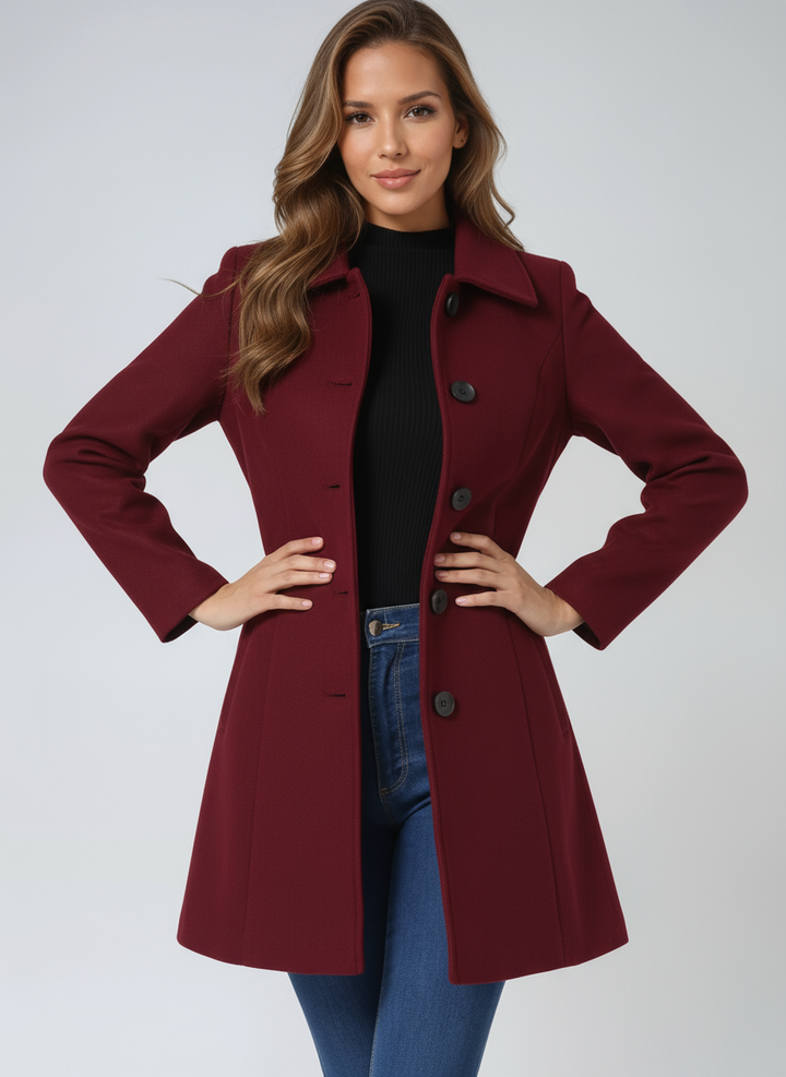 Sophisticated women's fitted trench coat, elegant button closure outerwear for chic workwear style.