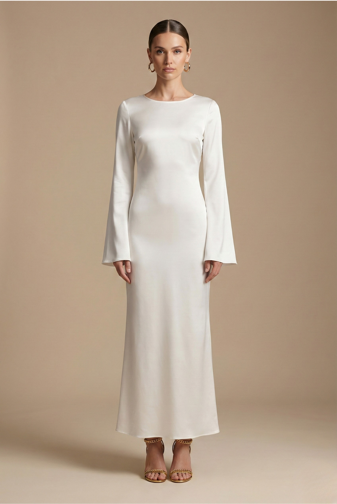 Elegant women's flare sleeve column maxi dress for formal events & evening wear. Perfect long gown for special occasions.