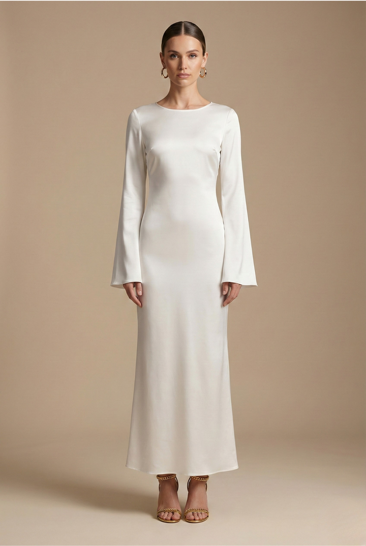Elegant women's flare sleeve column maxi dress for formal events & evening wear. Perfect long gown for special occasions.