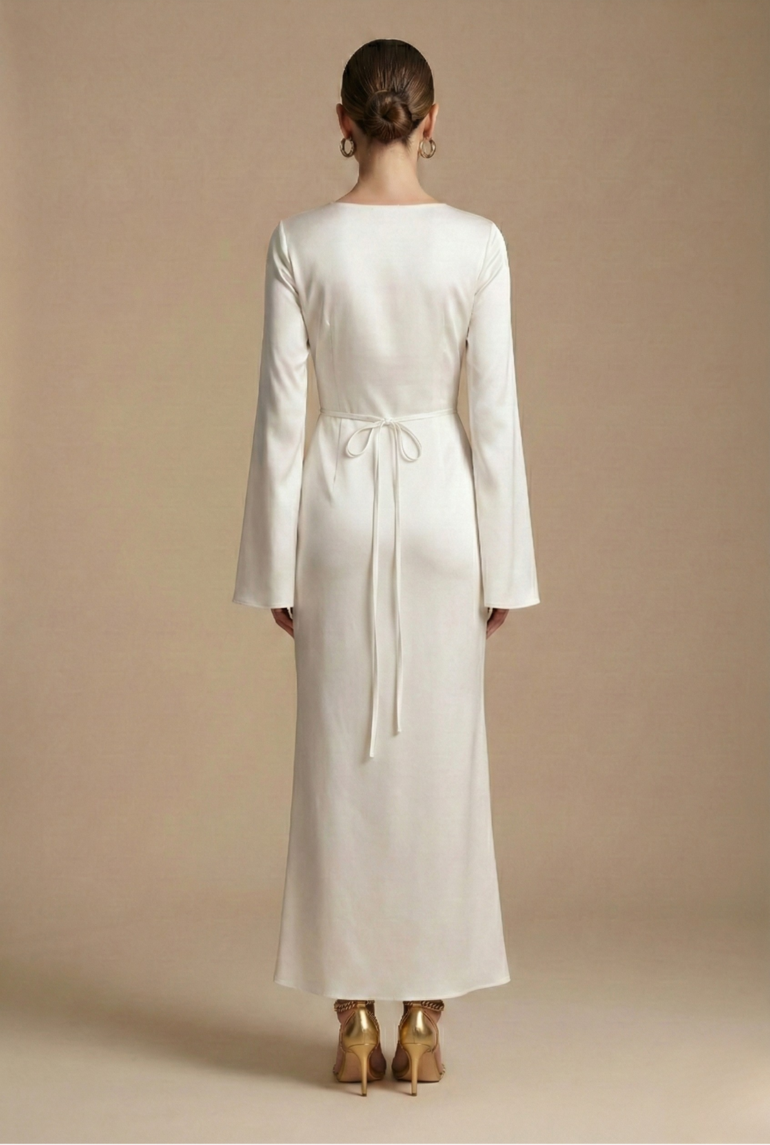 Women's elegant maxi dress, a long column evening gown with flare sleeves, ideal for wedding guests & gala events.
