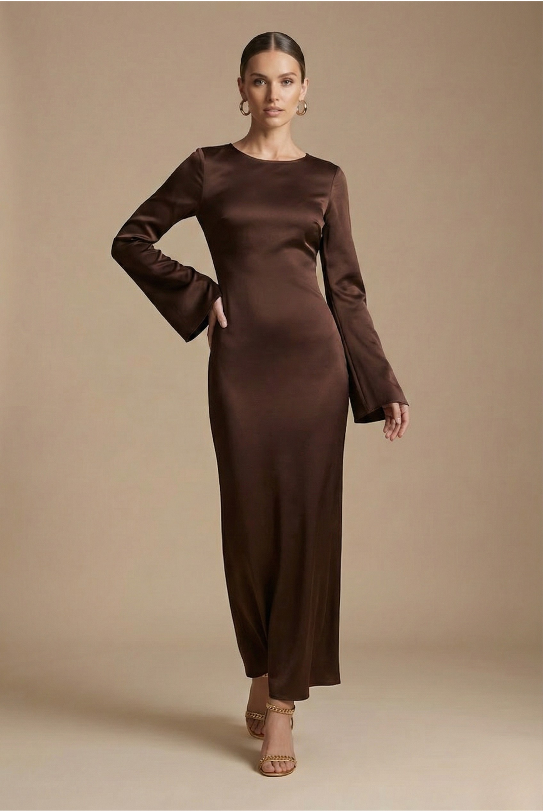 Sophisticated women's column maxi dress with elegant flare sleeves & round neck. A perfect formal evening gown.