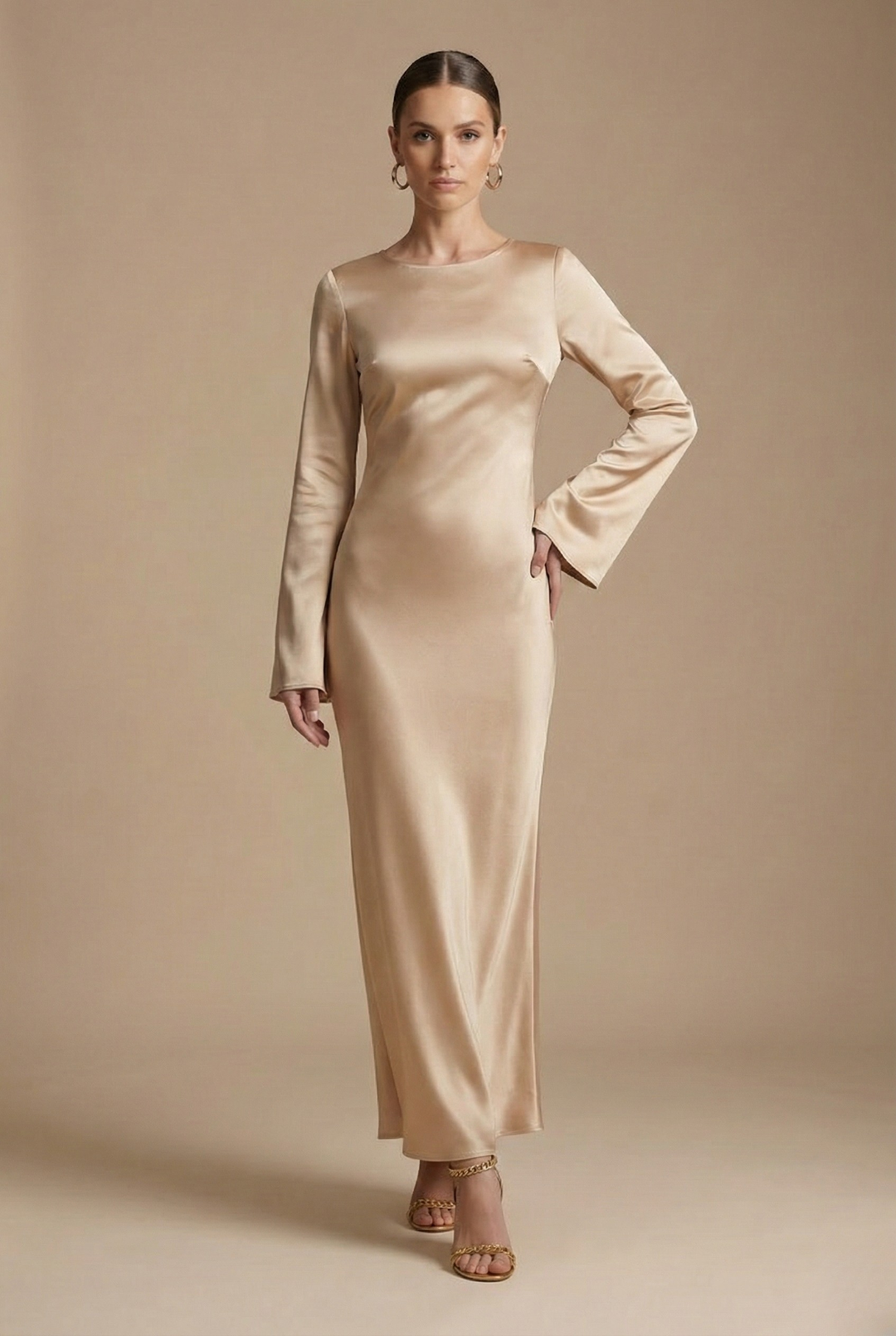 Stylish women's flare sleeve column maxi evening gown. Elegant long formal dress for special occasions & parties.