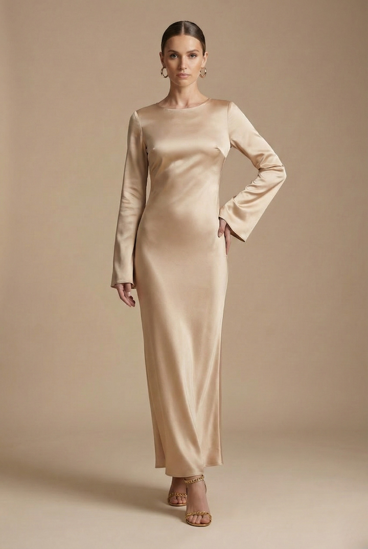 Stylish women's flare sleeve column maxi evening gown. Elegant long formal dress for special occasions & parties.
