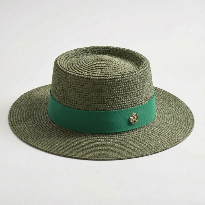 Sophisticated women's flat top wide brim sun hat, ideal for elegant summer fashion, beach & travel.
