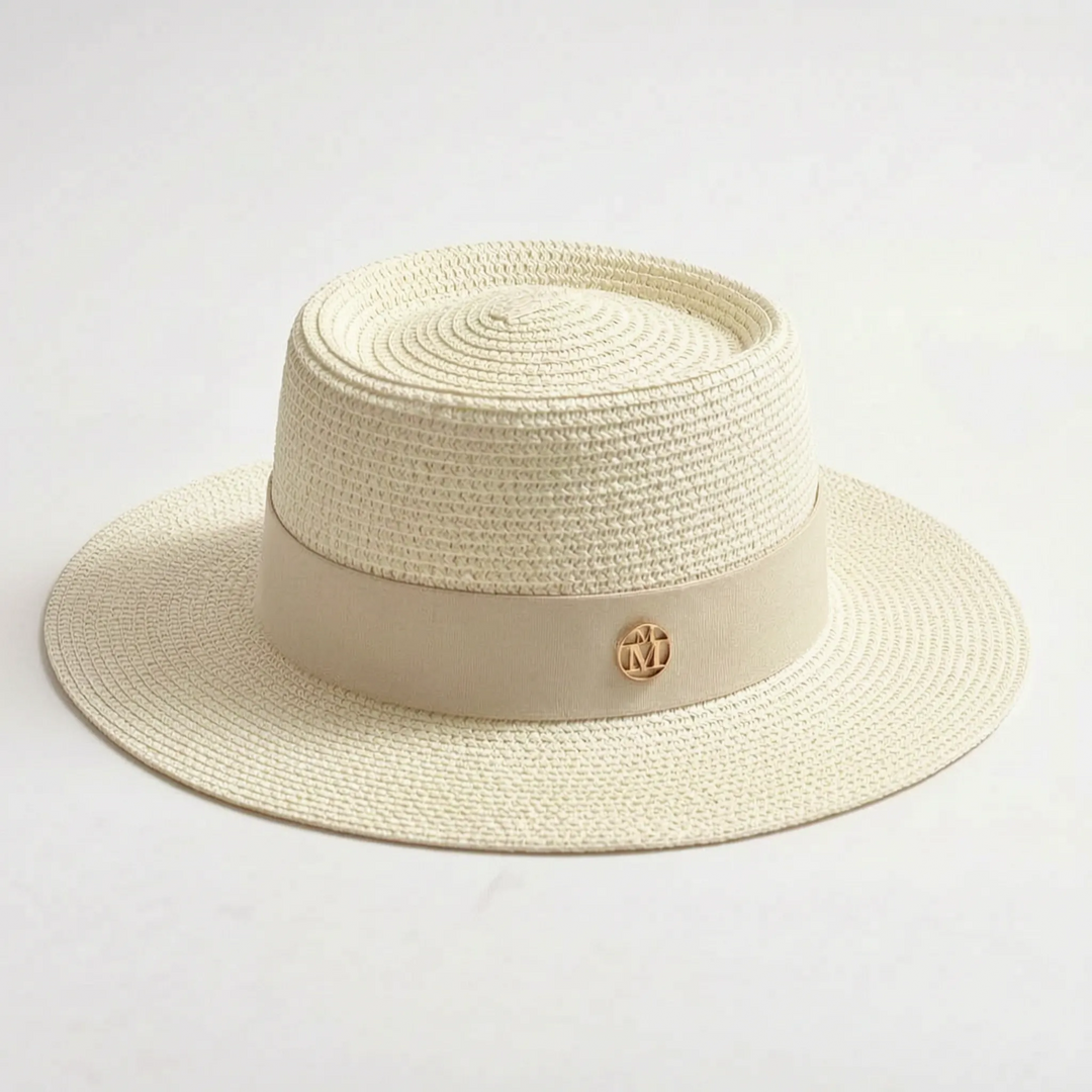 Stylish women's wide brim sun hat, flat top design. Perfect elegant accessory for summer beach & travel.