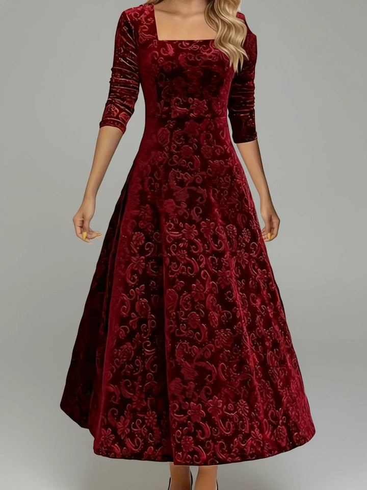 Elegant women's floral A-line midi dress with long sleeves & square neck. Perfect for versatile occasion wear.