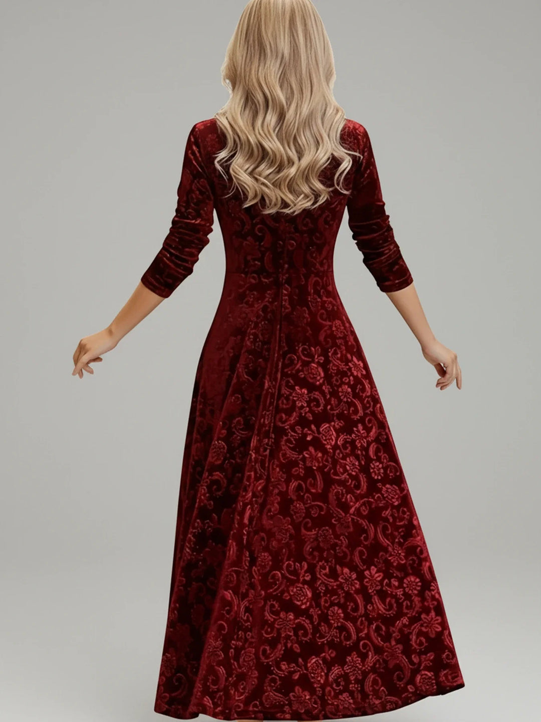 Dark red floral A-line midi dress for women, elegant party wear with long sleeves and square neck.