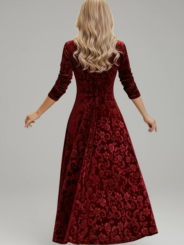 Dark red floral A-line midi dress for women, elegant party wear with long sleeves and square neck.