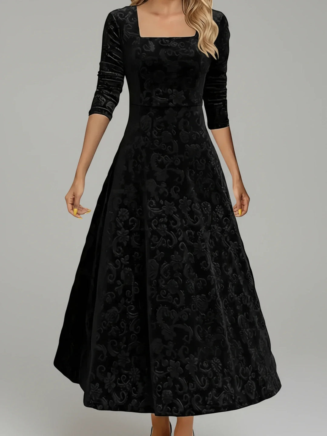 Versatile women's black floral A-line midi dress, long sleeve, square neck. Elegant for various occasions.