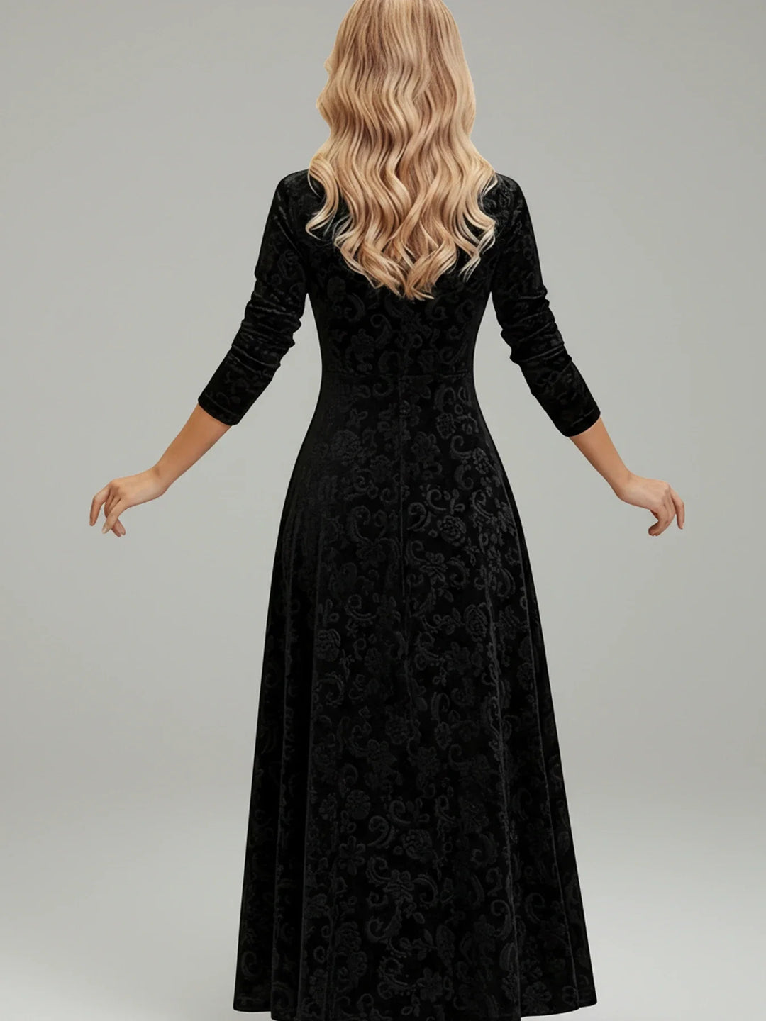 Stylish women's floral A-line midi dress. Long sleeves, square neck, elegant design for party or occasion.