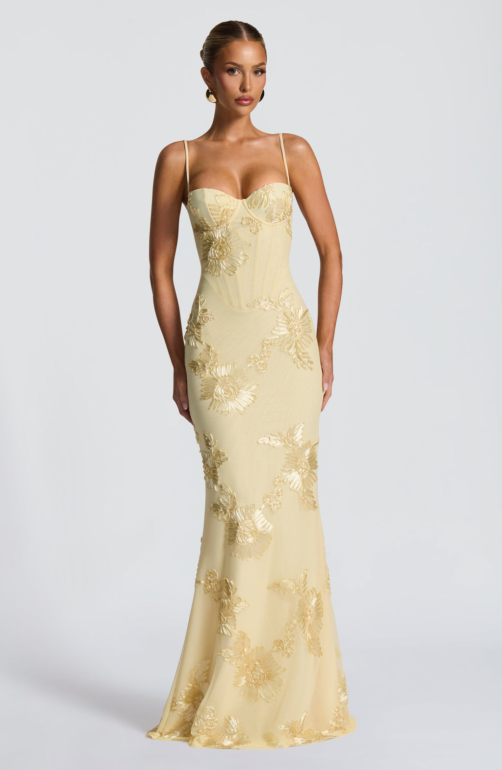 Elegant women's floral appliqué mermaid maxi dress, perfect for formal evening events and black tie occasions.