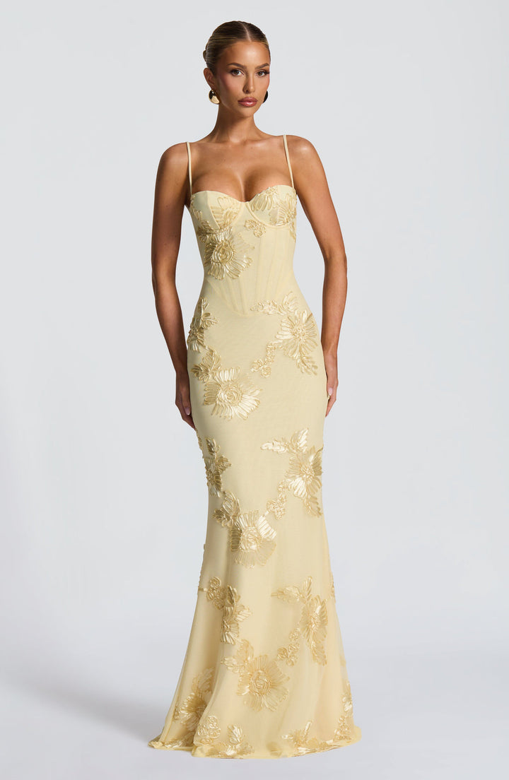 Elegant women's floral appliqué mermaid maxi dress, perfect for formal evening events and black tie occasions.