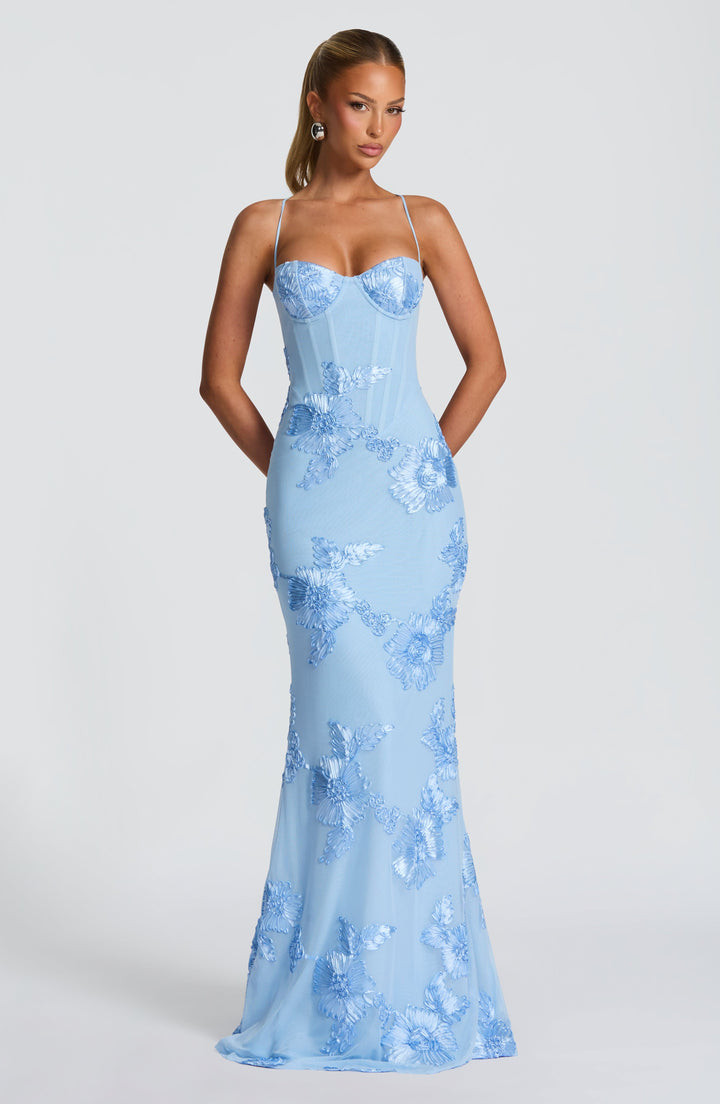 Elegant women's floral appliqué formal dress, a full-length mermaid gown for any special occasion.
