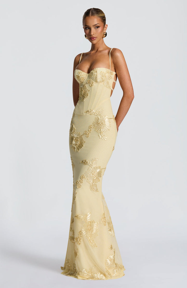 Black tie formal evening dress featuring delicate floral appliqué and a flattering mermaid silhouette.