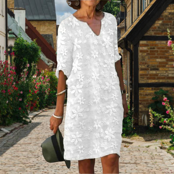 Elegant women's floral appliqué midi dress with 3/4 sleeves and notch neck, perfect for summer casual wear.