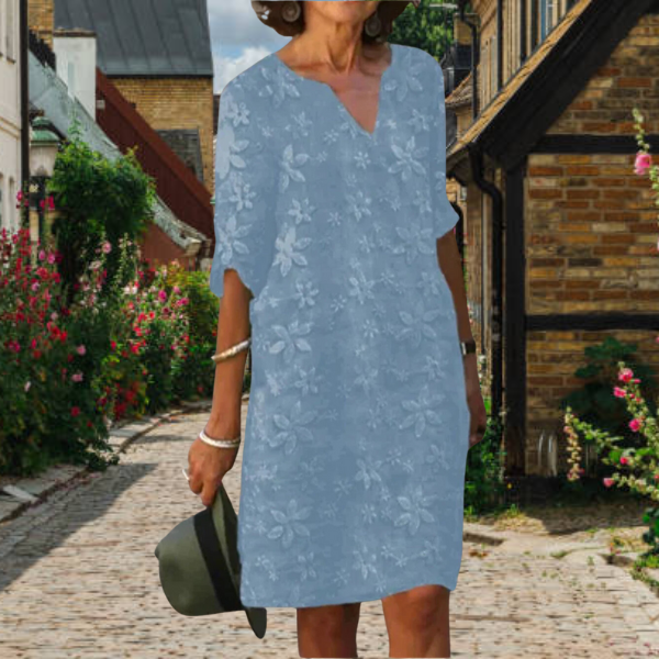 Versatile women's floral appliqué summer midi dress with 3/4 sleeves and notch neck, offering elegant casual style.