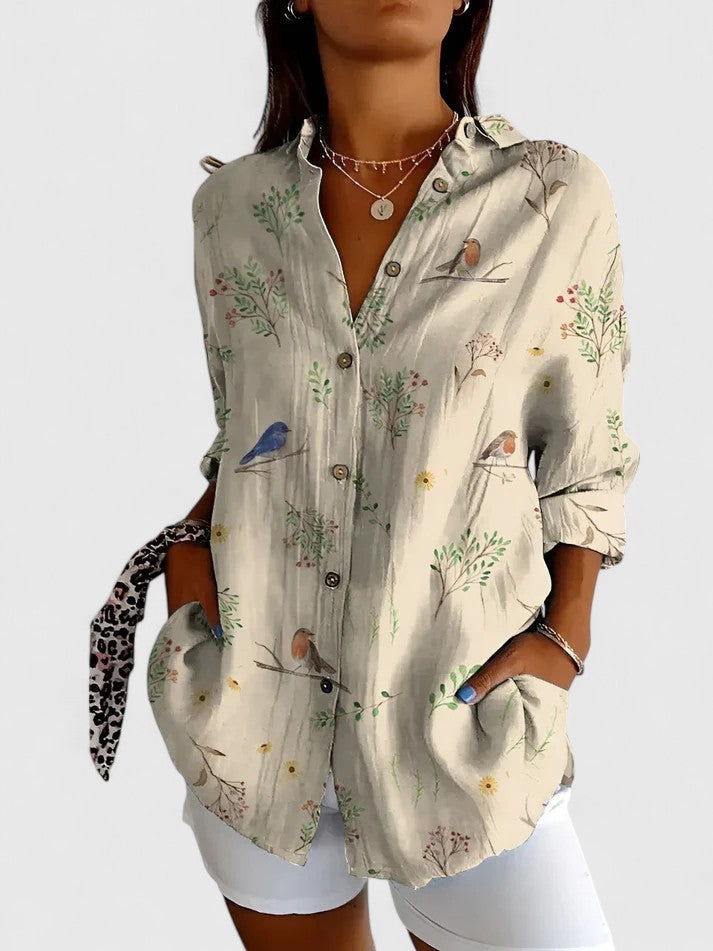 Light purple women's floral blouse, elegant and chic for spring fashion and versatile wear.