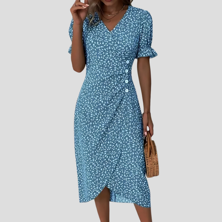 Elegant women's floral button-front midi dress with V-neck and short sleeves, perfect for spring & summer fashion.