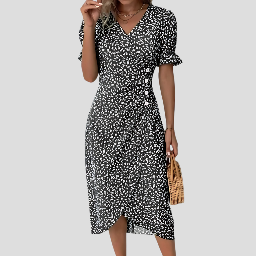 Versatile women's floral midi dress, button-front with V-neck, ideal for casual summer outings or elegant spring events.