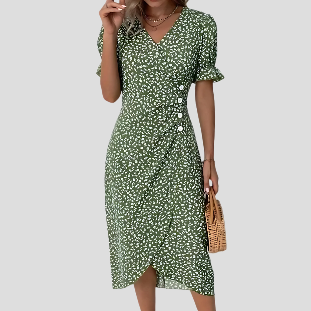 Chic women's floral button-front V-neck midi dress, short sleeve, perfect vacation dress or casual summer fashion.