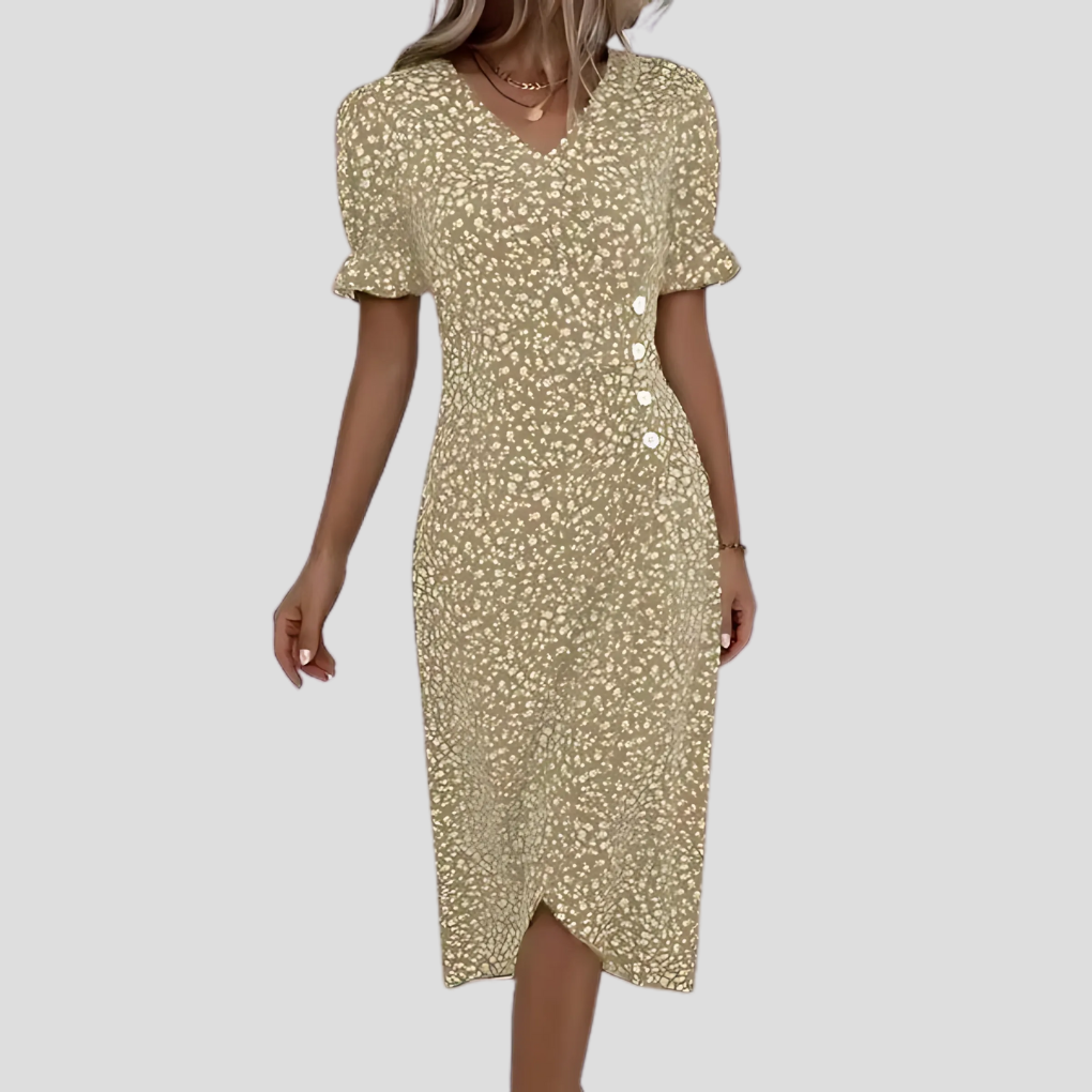 Stylish women's floral midi dress with a flattering button-front & V-neck, short sleeves for elegant spring/summer style.