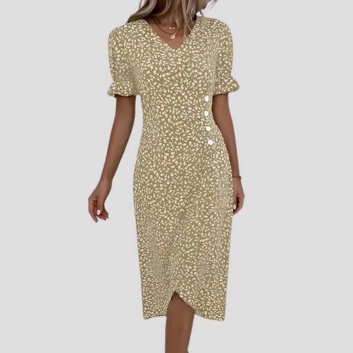 Stylish women's floral midi dress with a flattering button-front & V-neck, short sleeves for elegant spring/summer style.