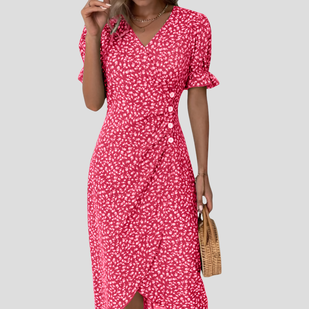 Beautiful floral print midi dress for women, elegant button-front design with short sleeves, perfect for warm weather.