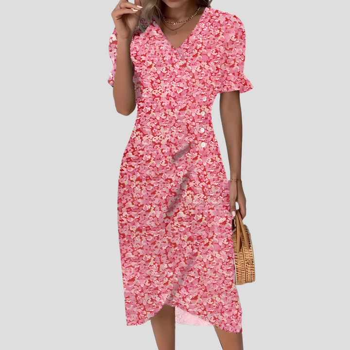 Women's elegant floral midi dress, button-front V-neck & short sleeves. Ideal spring/summer casual & vacation wear.