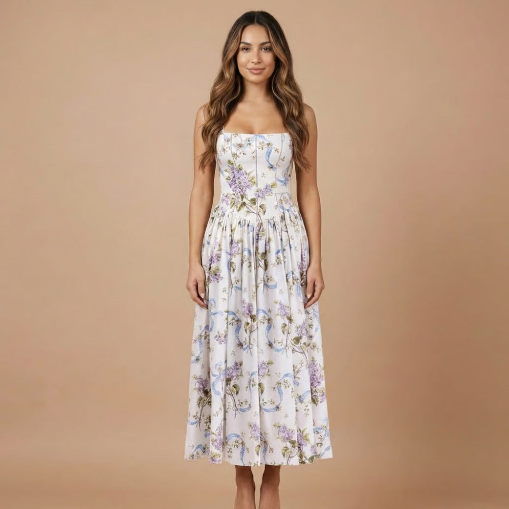Elegant women's floral corset midi dress, perfect for wedding guests & sophisticated garden parties.